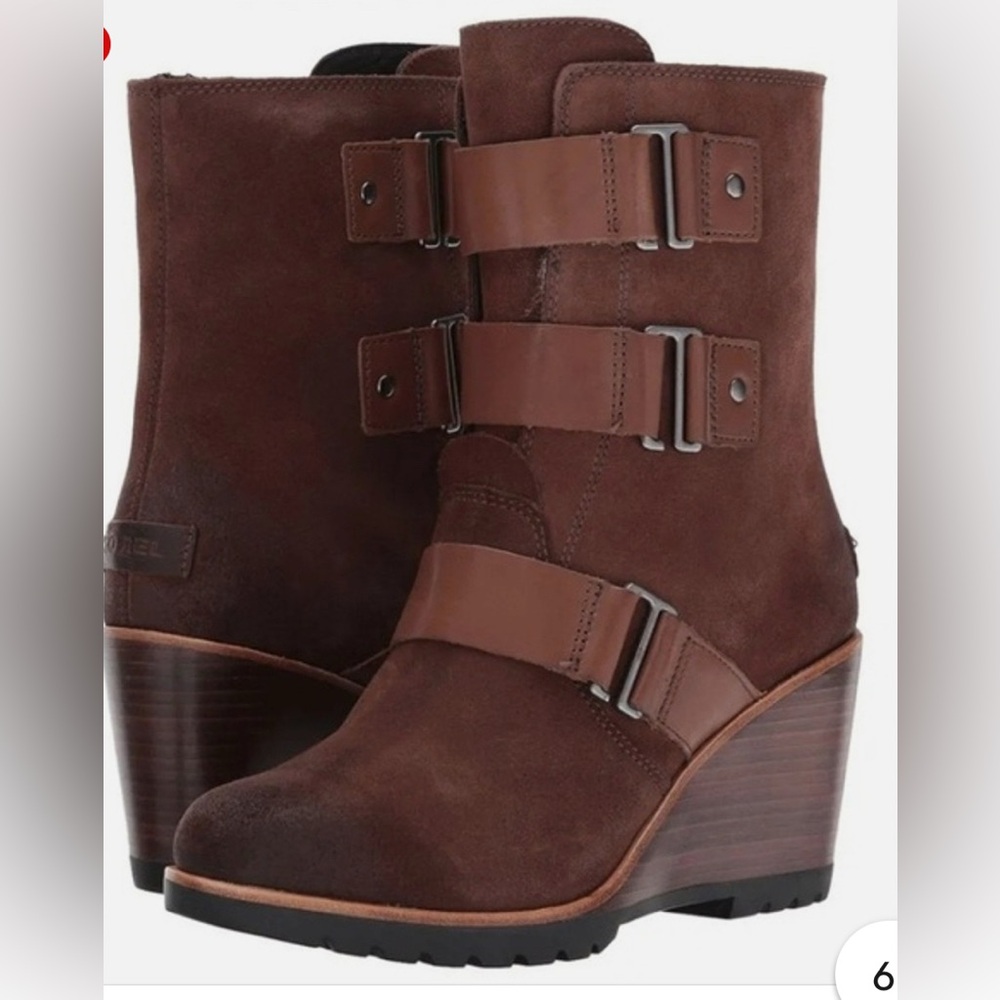 Sorel Chocolate Suede Wedge Boots with Strap Detail
